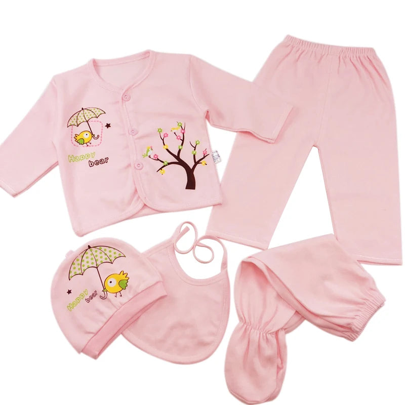 Newborn Baby Clothes Set ( 5pcs/set) Infant Girl Boy Shirt Pant Bib Hat Clothing Suit