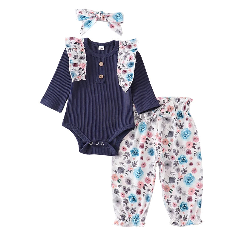 Baby Girl Clothes Set Fashion Newborn Infant Outfit Floral Ruffles Romper Top Pants Headband 3Pcs For New Born Toddler Clothing
