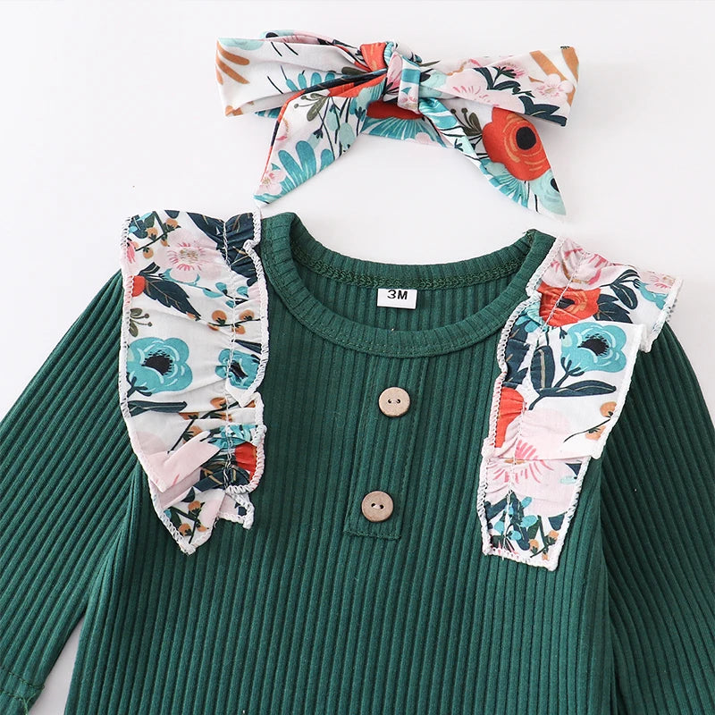 Baby Girl Clothes Set Fashion Newborn Infant Outfit Floral Ruffles Romper Top Pants Headband 3Pcs For New Born Toddler Clothing