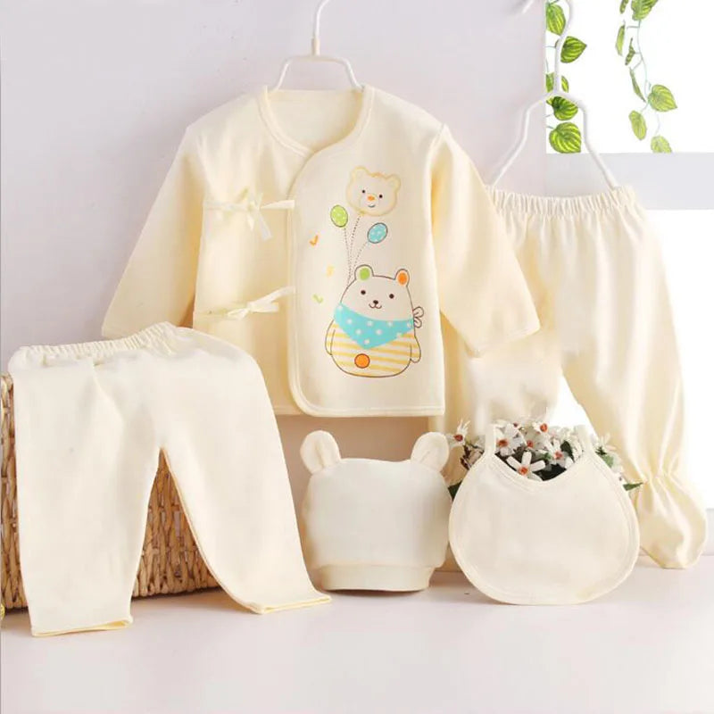 Newborn Baby Clothes Set ( 5pcs/set) Infant Girl Boy Shirt Pant Bib Hat Clothing Suit