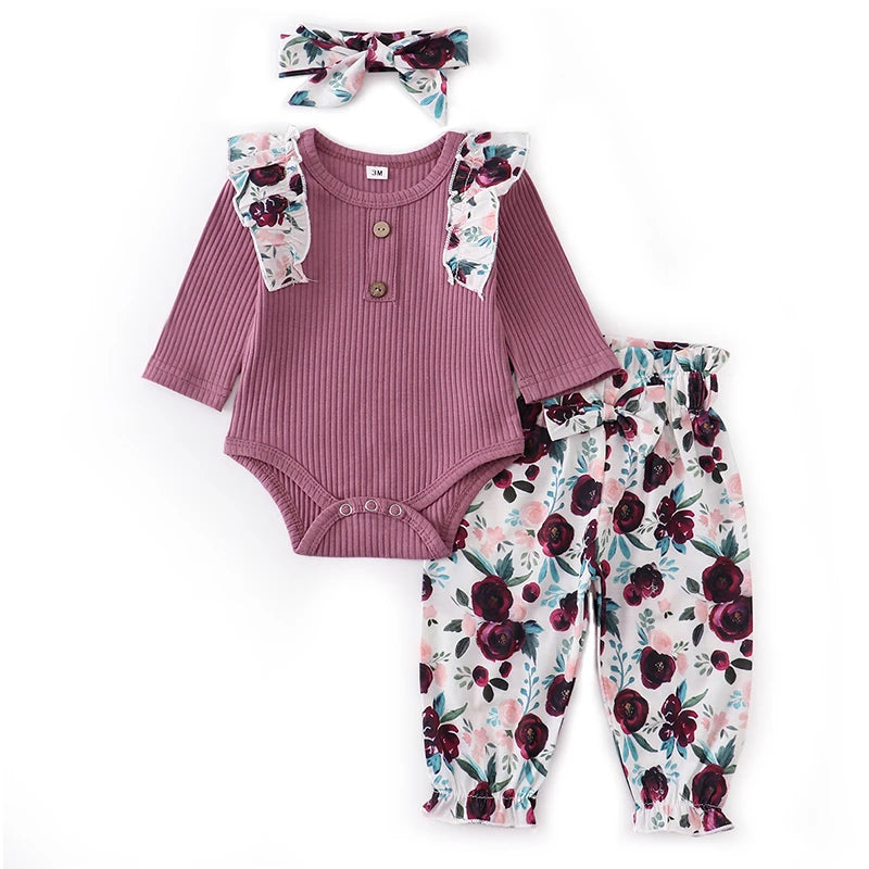Baby Girl Clothes Set Fashion Newborn Infant Outfit Floral Ruffles Romper Top Pants Headband 3Pcs For New Born Toddler Clothing