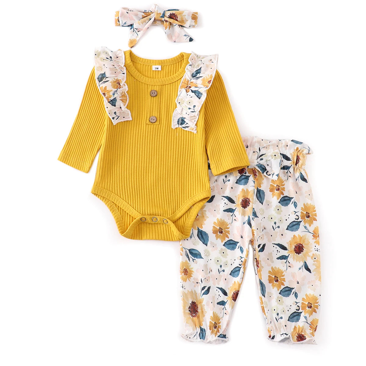 Baby Girl Clothes Set Fashion Newborn Infant Outfit Floral Ruffles Romper Top Pants Headband 3Pcs For New Born Toddler Clothing