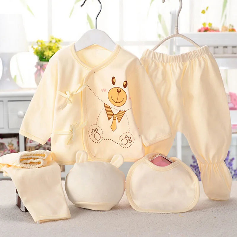 Newborn Baby Clothes Set ( 5pcs/set) Infant Girl Boy Shirt Pant Bib Hat Clothing Suit