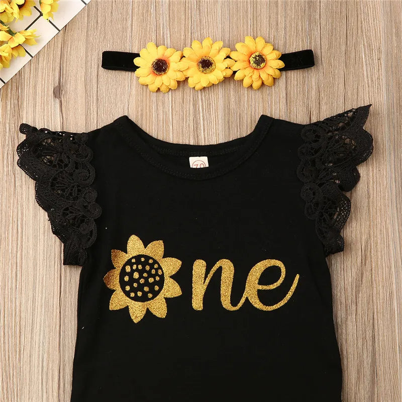 0-18 Months Newborn Girls Set One Year Birthday Baby Girls Clothes Set One Letter Bodysuits Chrysanthemum Yellow Skirts Baby Set