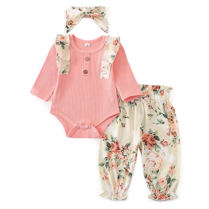 Baby Girl Clothes Set Fashion Newborn Infant Outfit Floral Ruffles Romper Top Pants Headband 3Pcs For New Born Toddler Clothing