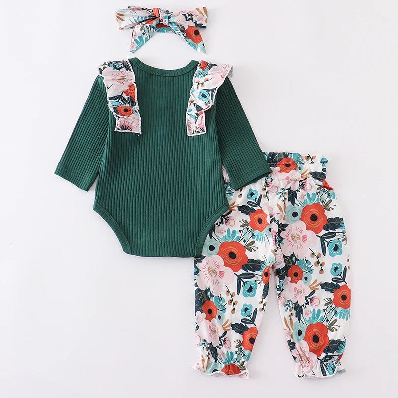 Baby Girl Clothes Set Fashion Newborn Infant Outfit Floral Ruffles Romper Top Pants Headband 3Pcs For New Born Toddler Clothing
