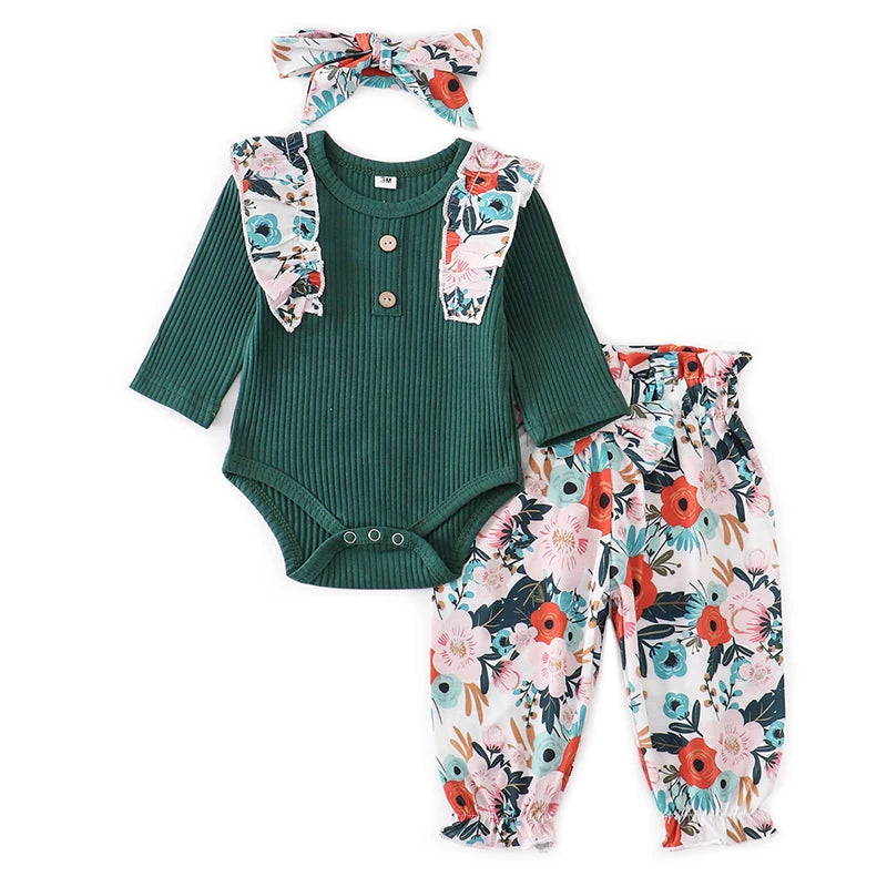 Baby Girl Clothes Set Fashion Newborn Infant Outfit Floral Ruffles Romper Top Pants Headband 3Pcs For New Born Toddler Clothing