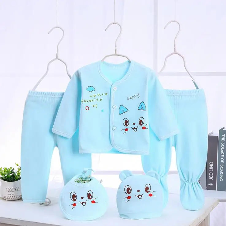 Newborn Baby Clothes Set ( 5pcs/set) Infant Girl Boy Shirt Pant Bib Hat Clothing Suit
