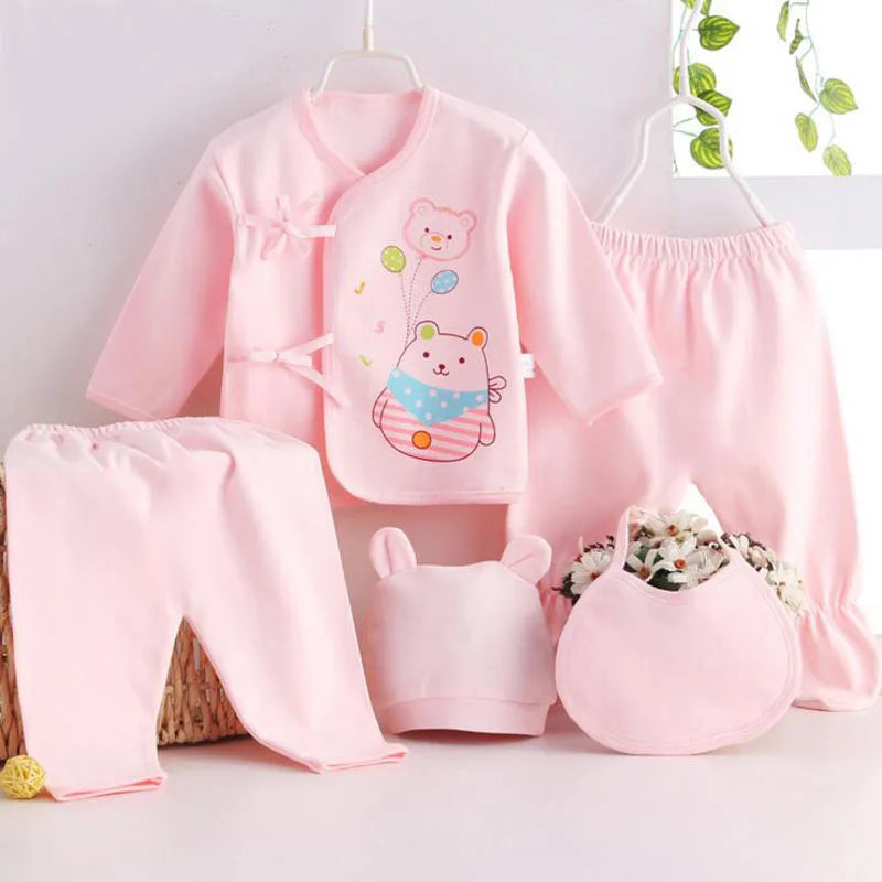 Newborn Baby Clothes Set ( 5pcs/set) Infant Girl Boy Shirt Pant Bib Hat Clothing Suit