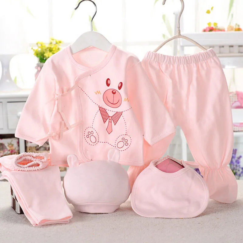 Newborn Baby Clothes Set ( 5pcs/set) Infant Girl Boy Shirt Pant Bib Hat Clothing Suit