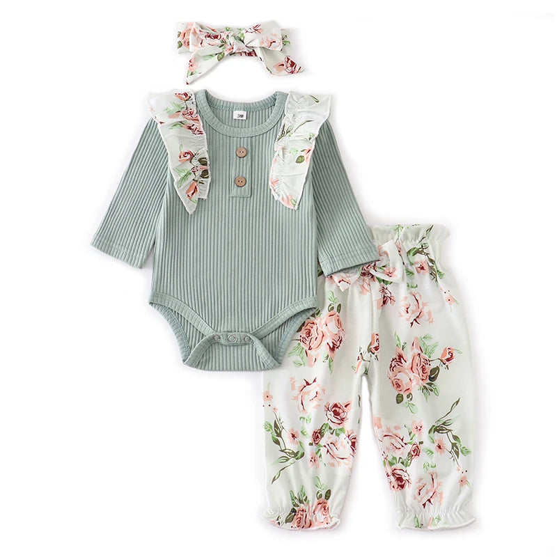 Baby Girl Clothes Set Fashion Newborn Infant Outfit Floral Ruffles Romper Top Pants Headband 3Pcs For New Born Toddler Clothing
