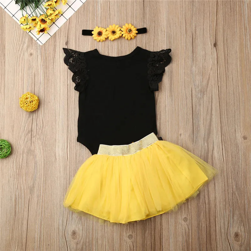 0-18 Months Newborn Girls Set One Year Birthday Baby Girls Clothes Set One Letter Bodysuits Chrysanthemum Yellow Skirts Baby Set