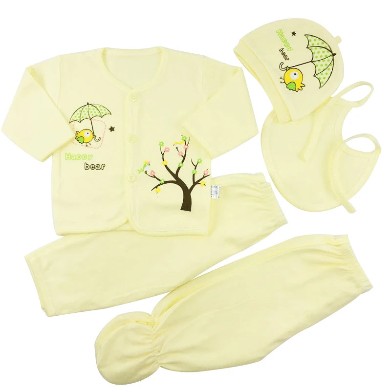 Newborn Baby Clothes Set ( 5pcs/set) Infant Girl Boy Shirt Pant Bib Hat Clothing Suit