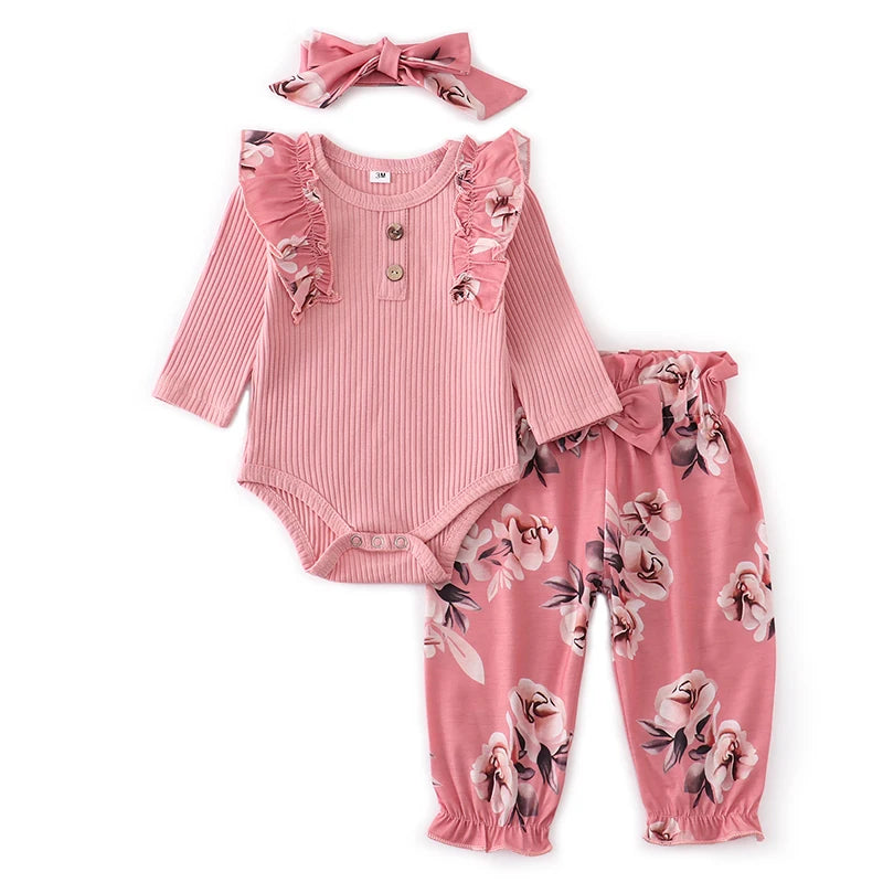 Baby Girl Clothes Set Fashion Newborn Infant Outfit Floral Ruffles Romper Top Pants Headband 3Pcs For New Born Toddler Clothing