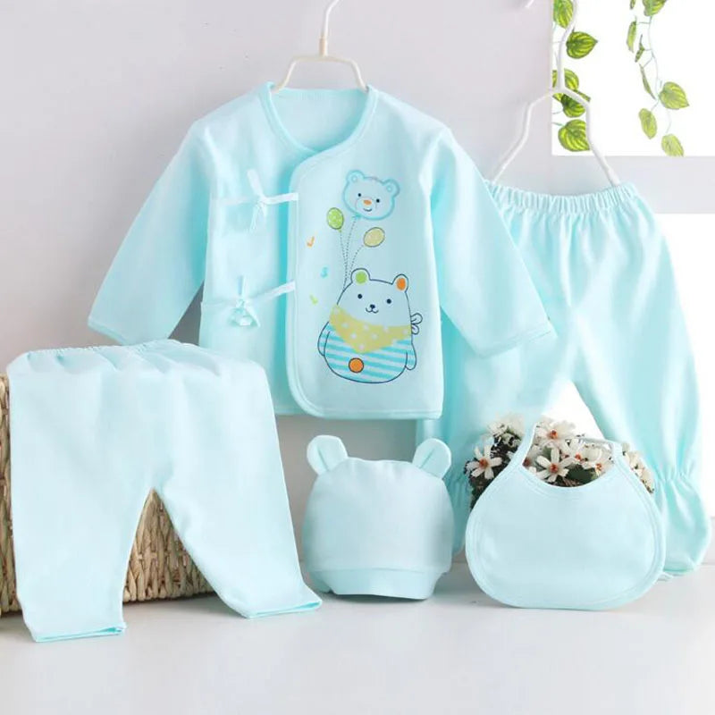 Newborn Baby Clothes Set ( 5pcs/set) Infant Girl Boy Shirt Pant Bib Hat Clothing Suit
