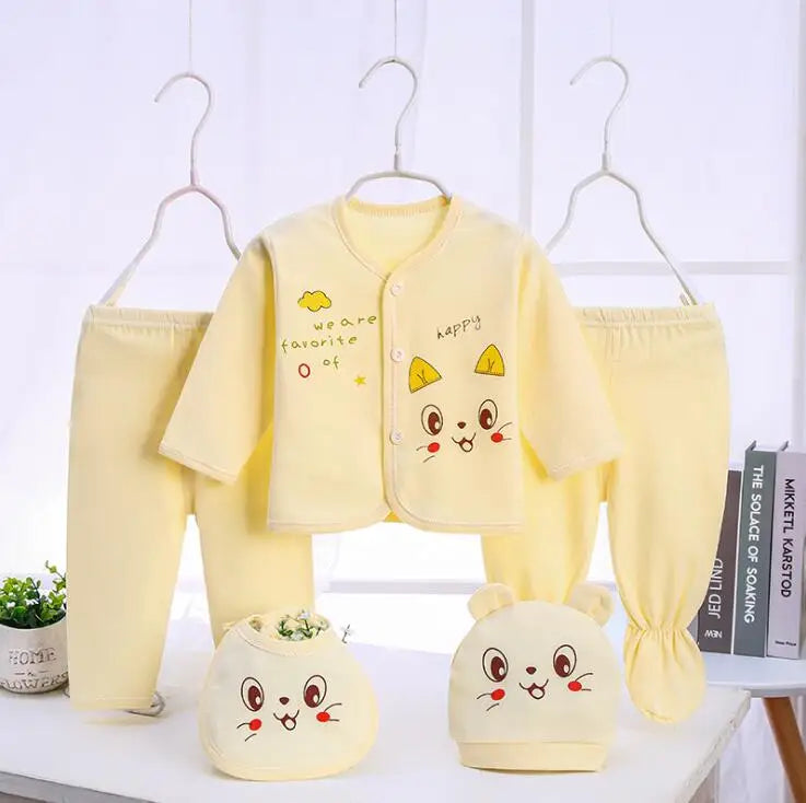 Newborn Baby Clothes Set ( 5pcs/set) Infant Girl Boy Shirt Pant Bib Hat Clothing Suit