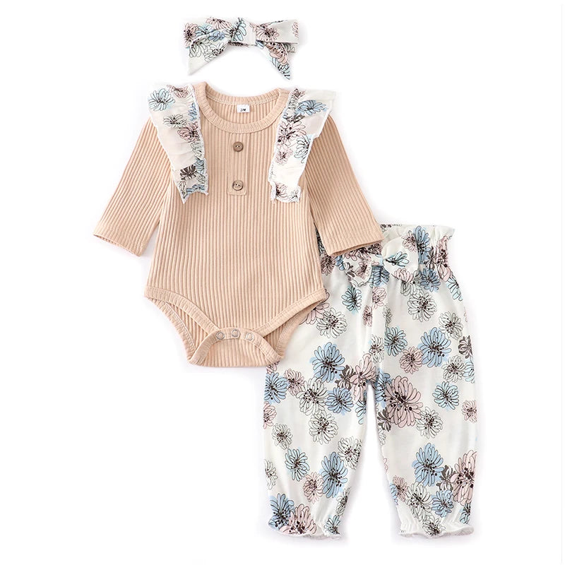 Baby Girl Clothes Set Fashion Newborn Infant Outfit Floral Ruffles Romper Top Pants Headband 3Pcs For New Born Toddler Clothing