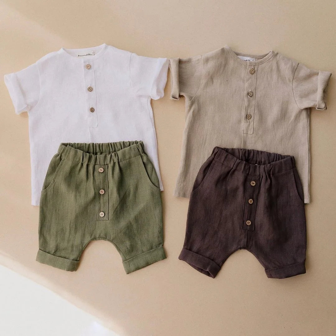 Vintage Linen Cotton Boys Shirt Toddler Summer Casual Clothing Sets Solid Short Sleeve T-Shirt Tops+Shorts Outfits For 0-3T Kids