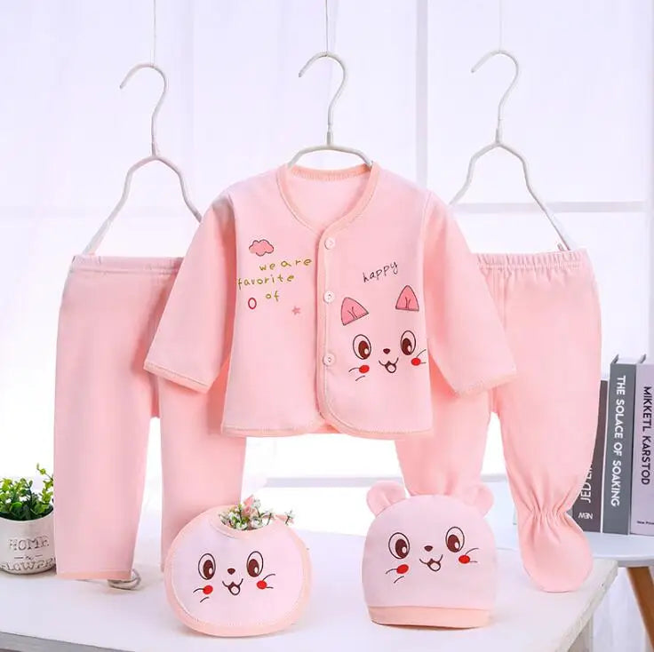 Newborn Baby Clothes Set ( 5pcs/set) Infant Girl Boy Shirt Pant Bib Hat Clothing Suit