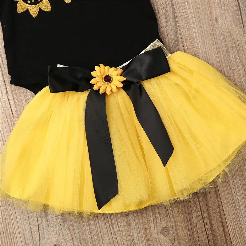 0-18 Months Newborn Girls Set One Year Birthday Baby Girls Clothes Set One Letter Bodysuits Chrysanthemum Yellow Skirts Baby Set