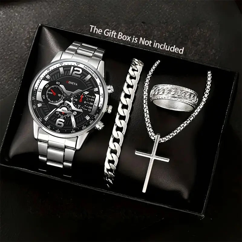 Men's 4-piece Luxury Stainless Steel Quartz Watch with Calendar Gold Cross Necklace Bracelet and Ring