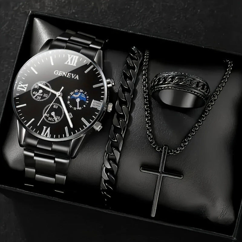 Men's 4-piece Luxury Stainless Steel Quartz Watch with Calendar Gold Cross Necklace Bracelet and Ring