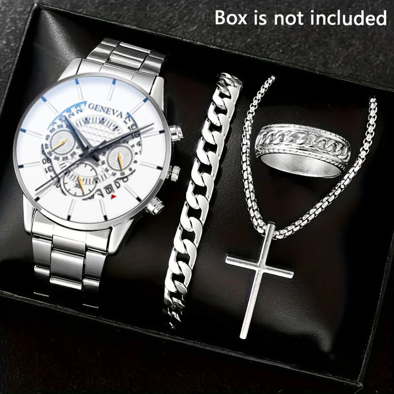Men's 4-piece Luxury Stainless Steel Quartz Watch with Calendar Gold Cross Necklace Bracelet and Ring