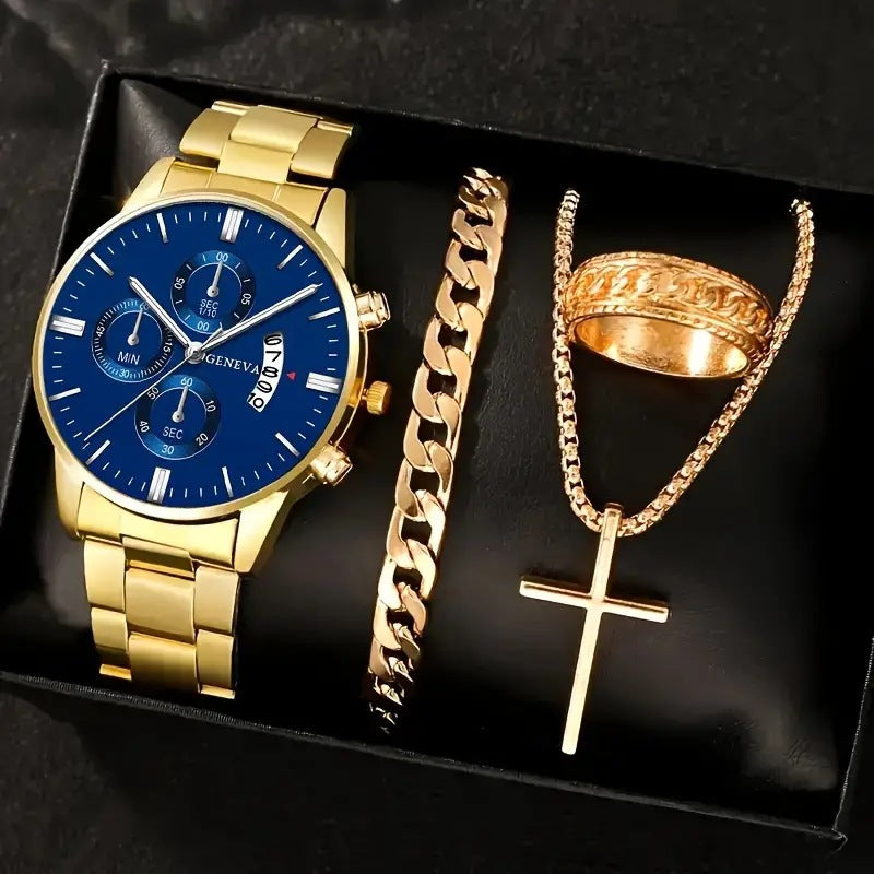 Men's 4-piece Luxury Stainless Steel Quartz Watch with Calendar Gold Cross Necklace Bracelet and Ring