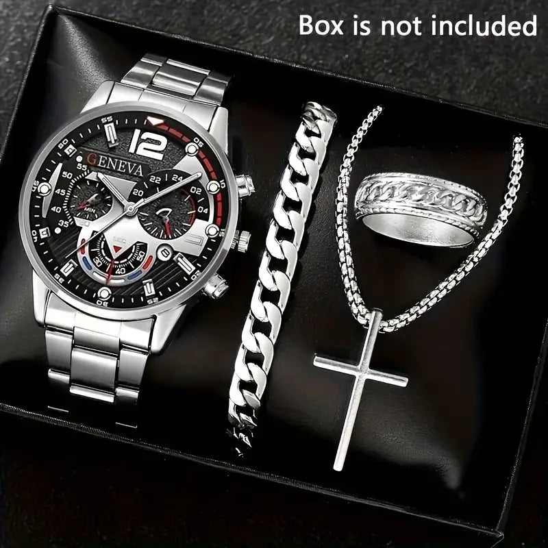 Men's 4-piece Luxury Stainless Steel Quartz Watch with Calendar Gold Cross Necklace Bracelet and Ring