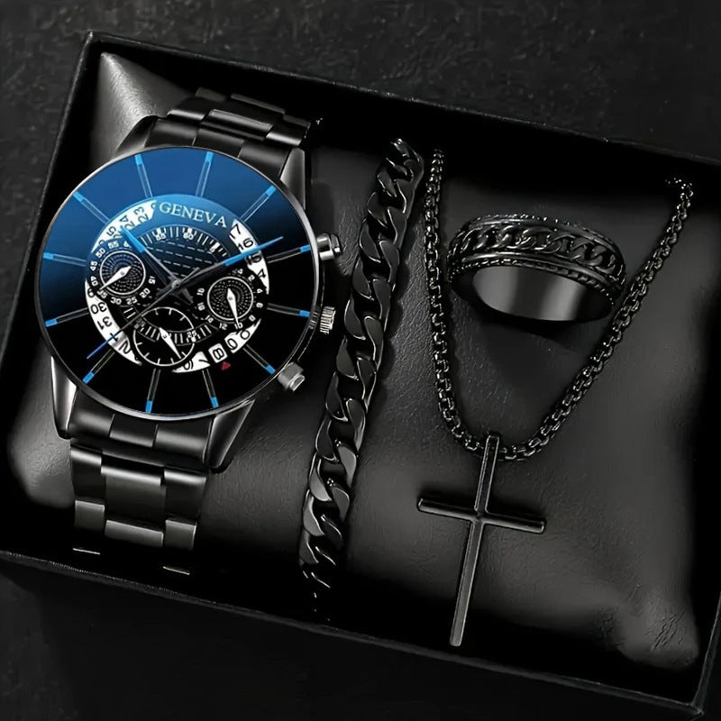 Men's 4-piece Luxury Stainless Steel Quartz Watch with Calendar Gold Cross Necklace Bracelet and Ring