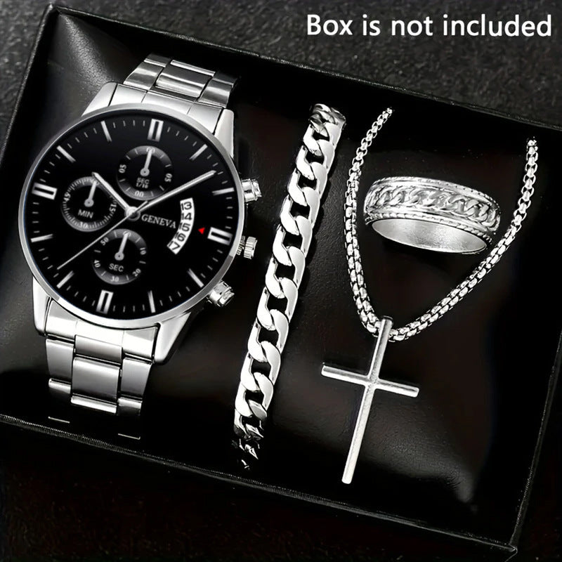 Men's 4-piece Luxury Stainless Steel Quartz Watch with Calendar Gold Cross Necklace Bracelet and Ring