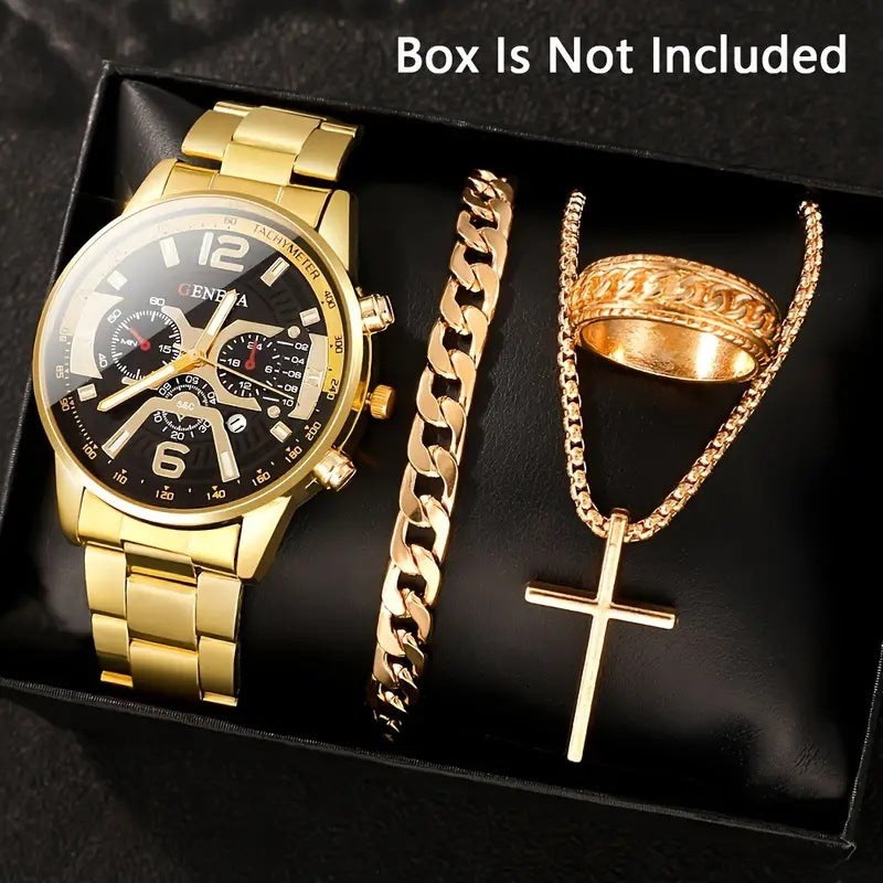 Men's 4-piece Luxury Stainless Steel Quartz Watch with Calendar Gold Cross Necklace Bracelet and Ring