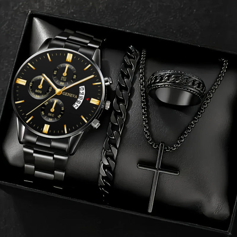 Men's 4-piece Luxury Stainless Steel Quartz Watch with Calendar Gold Cross Necklace Bracelet and Ring