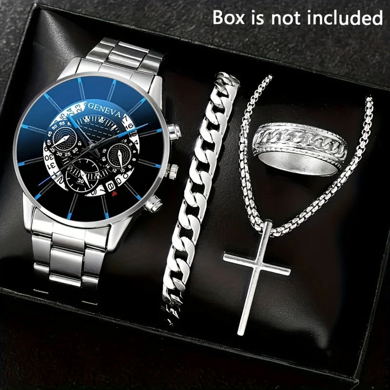 Men's 4-piece Luxury Stainless Steel Quartz Watch with Calendar Gold Cross Necklace Bracelet and Ring