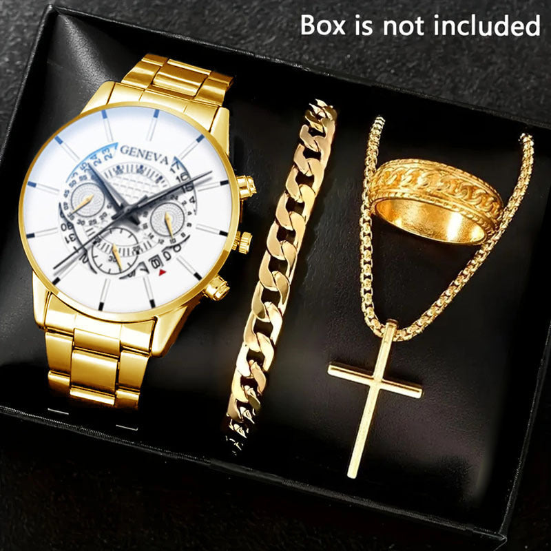 Men's 4-piece Luxury Stainless Steel Quartz Watch with Calendar Gold Cross Necklace Bracelet and Ring