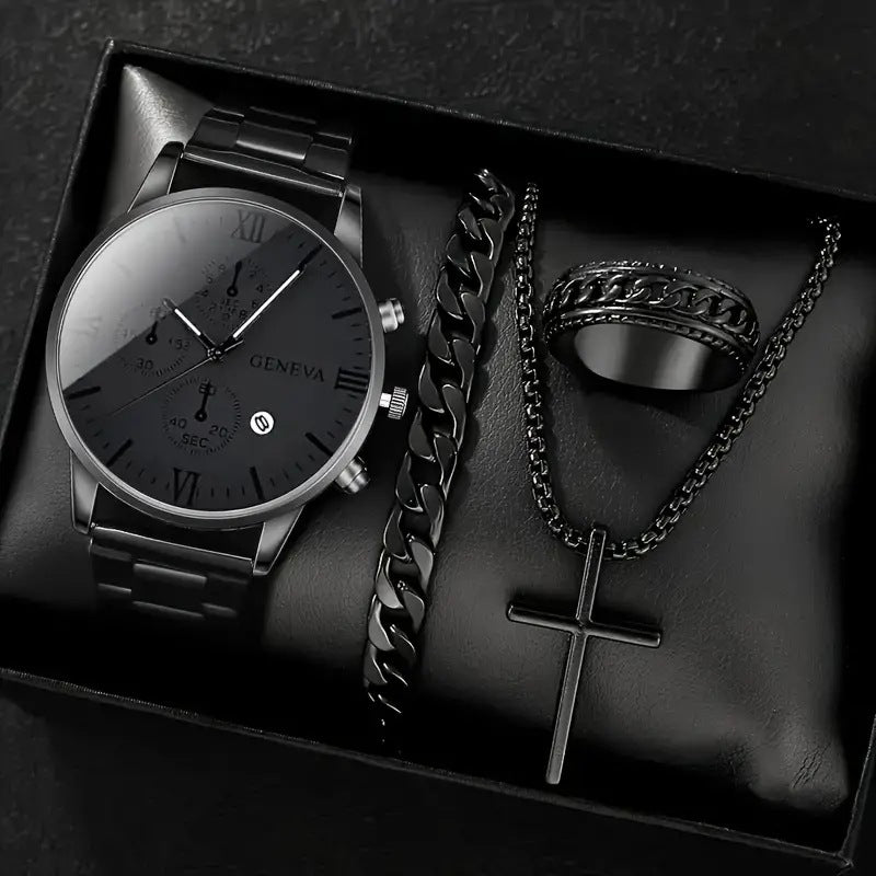 Men's 4-piece Luxury Stainless Steel Quartz Watch with Calendar Gold Cross Necklace Bracelet and Ring