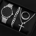 Men's 4-piece Luxury Stainless Steel Quartz Watch with Calendar Gold Cross Necklace Bracelet and Ring