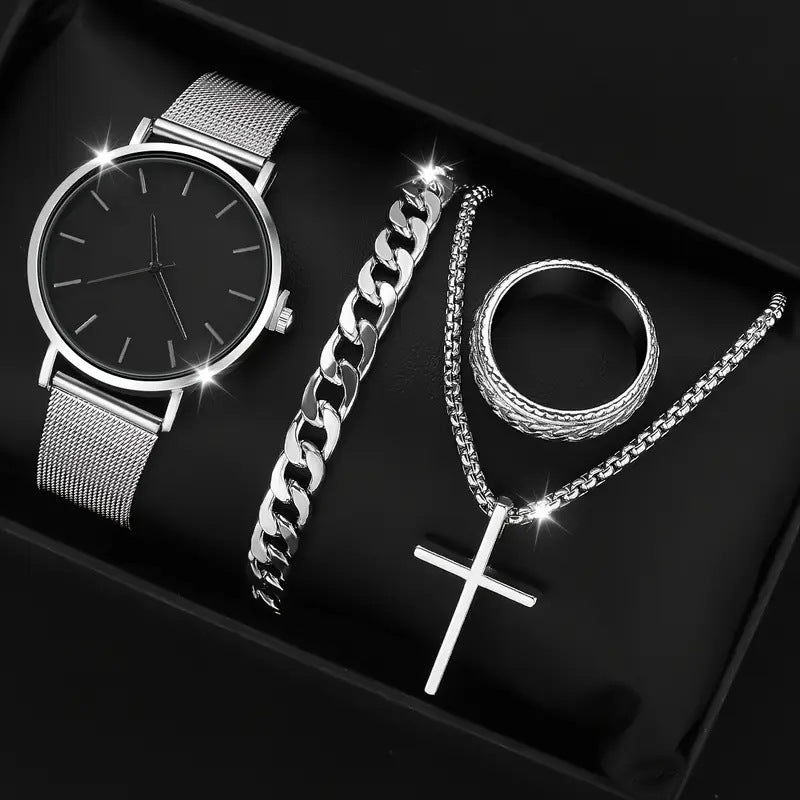 Men's 4-piece Luxury Stainless Steel Quartz Watch with Calendar Gold Cross Necklace Bracelet and Ring