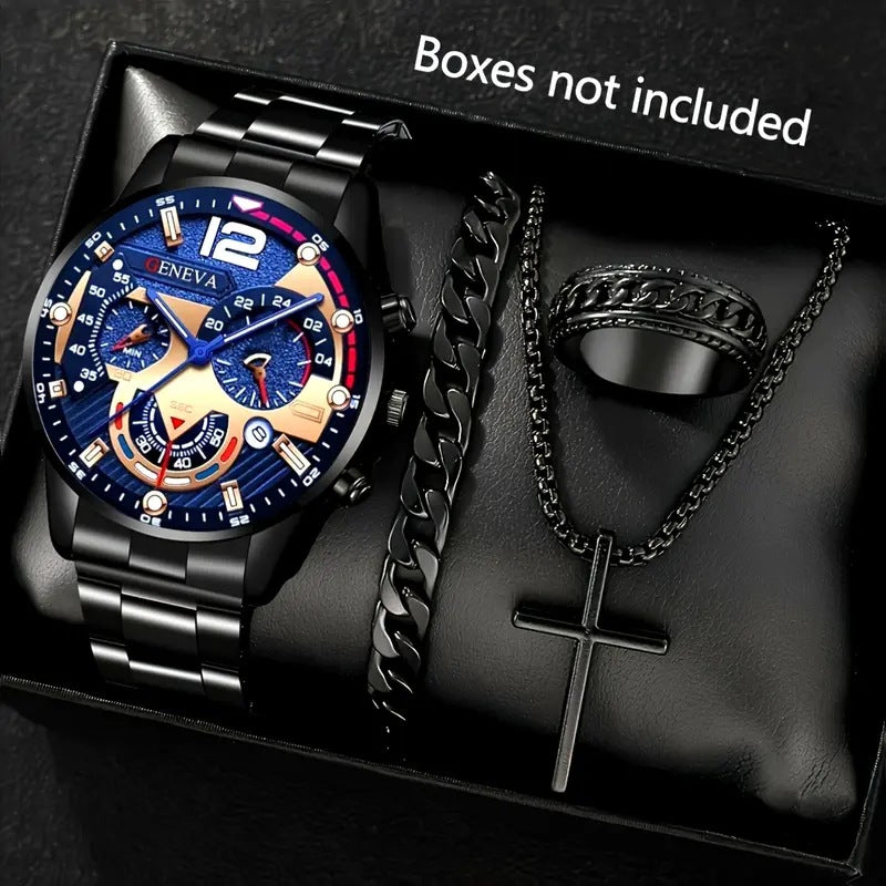 Men's 4-piece Luxury Stainless Steel Quartz Watch with Calendar Gold Cross Necklace Bracelet and Ring