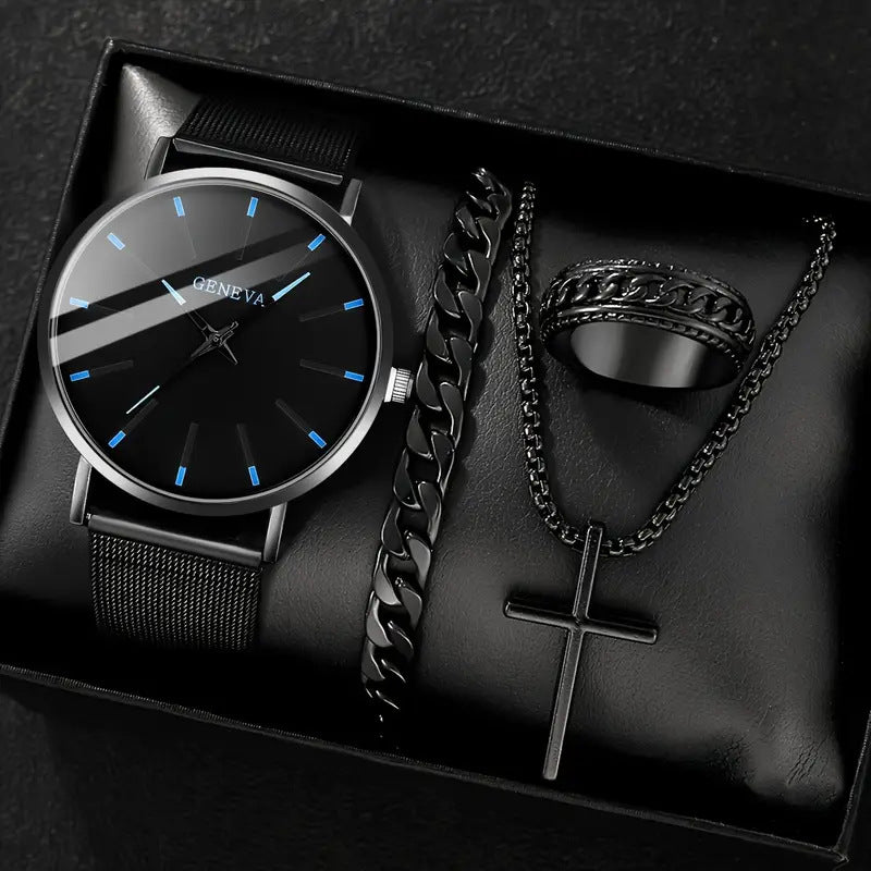 Men's 4-piece Luxury Stainless Steel Quartz Watch with Calendar Gold Cross Necklace Bracelet and Ring