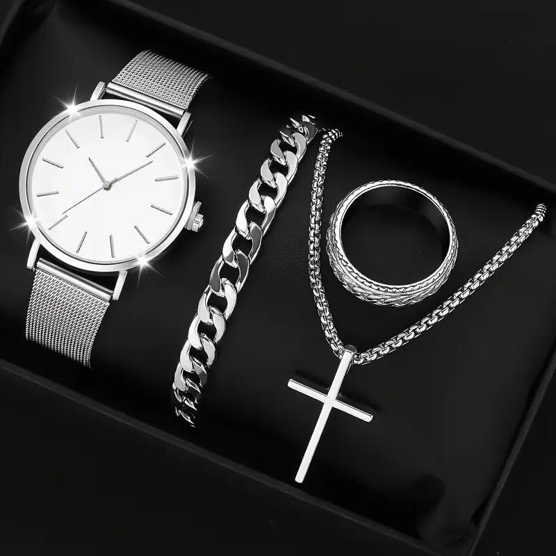 Men's 4-piece Luxury Stainless Steel Quartz Watch with Calendar Gold Cross Necklace Bracelet and Ring