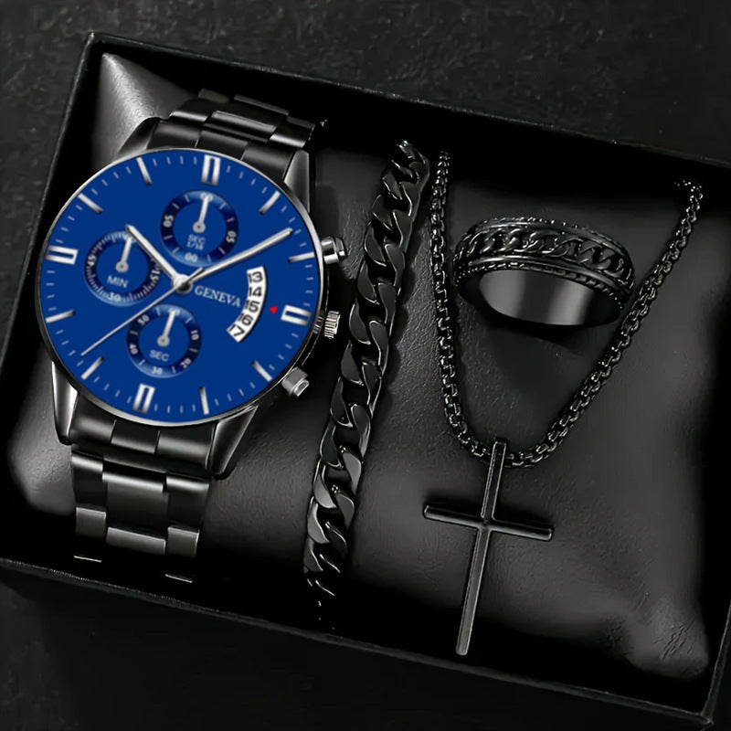 Men's 4-piece Luxury Stainless Steel Quartz Watch with Calendar Gold Cross Necklace Bracelet and Ring