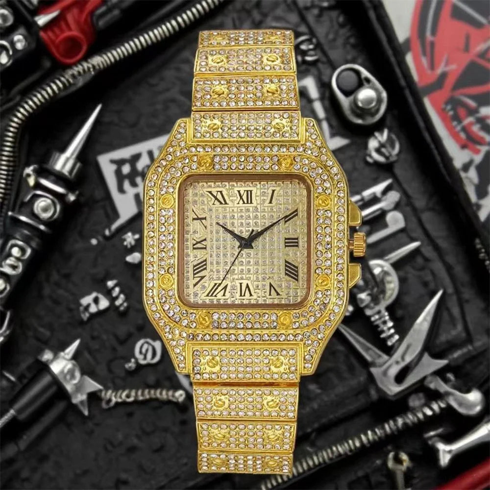 Men's Luxury Full Diamond Square Watch Iced Out Crystal Quartz Wristwatch Business Casual Waterproof Timepiece