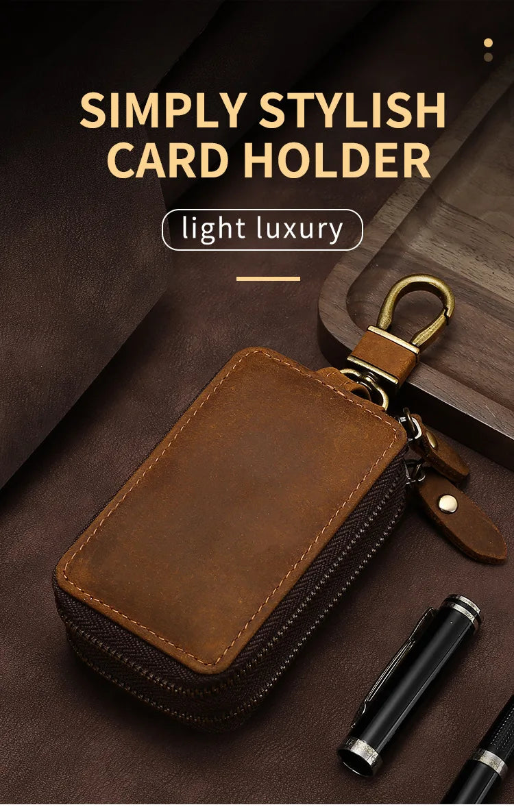 Crazy Horse leather key chain bag double zipper leather car key bag General Motors multi-purpose home double key bag keycase