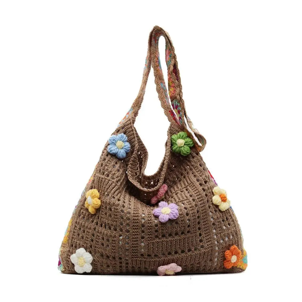 Knitted Bag Summer Beach Bag Forest-inspired Boho Crochet Bag Flowers Knitted Handbags Crossbody Shoulder Ladies Fashion Bag