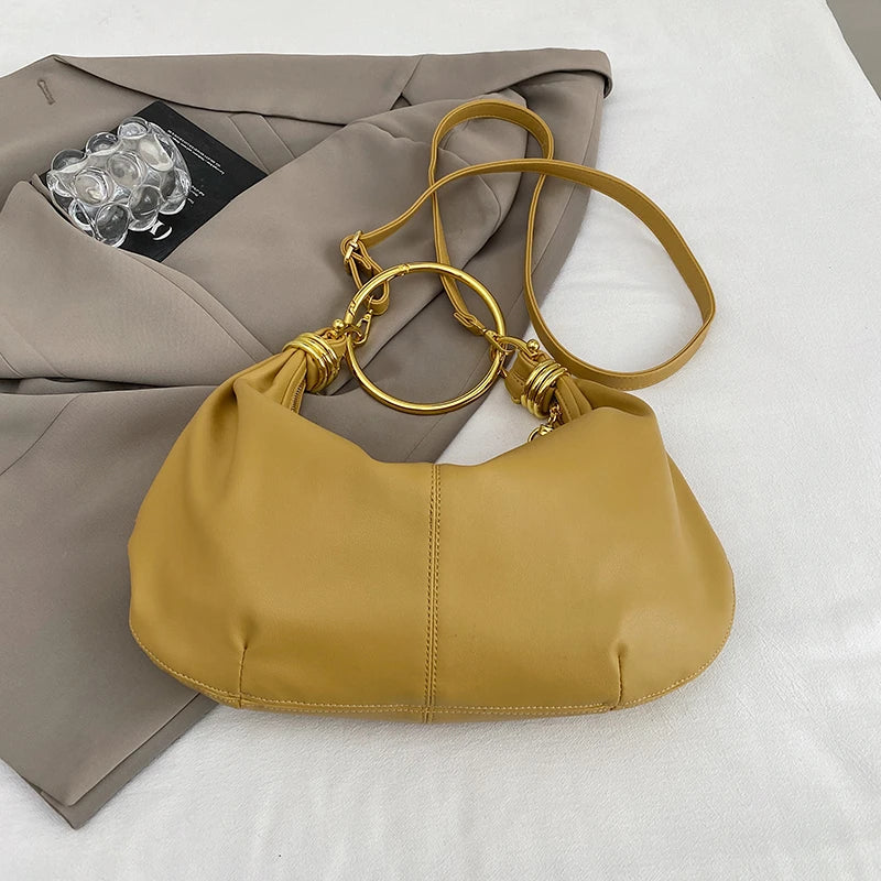 2025 Fashion Hobo Bag Luxury Designer Handbag Brand Women Tote Bag Gold Ring Handle Clutch Bag 8 Colors Pu Leather Lady Bag