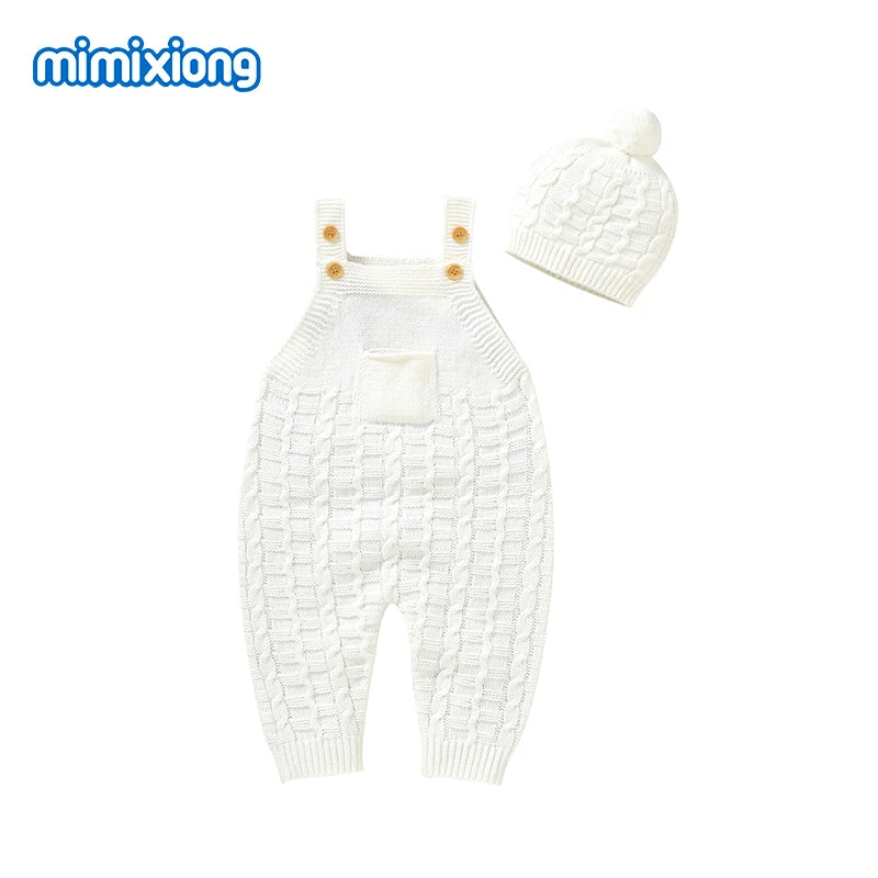Fashion Sleeveless Knitted Baby Rompers Hats Clothes Sets Newborn Boy Girl Solid Jumpsuits Outfits Spring Autumn Infant Overalls