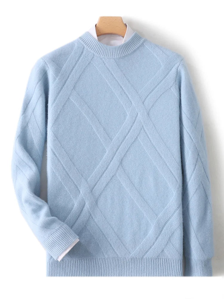 Choice New Men Autumn Winter Wool Sweater Mock Neck Long Sleeve Pullover 100% Merino Wool Knitwear Rhombus Knit Clothing Tops