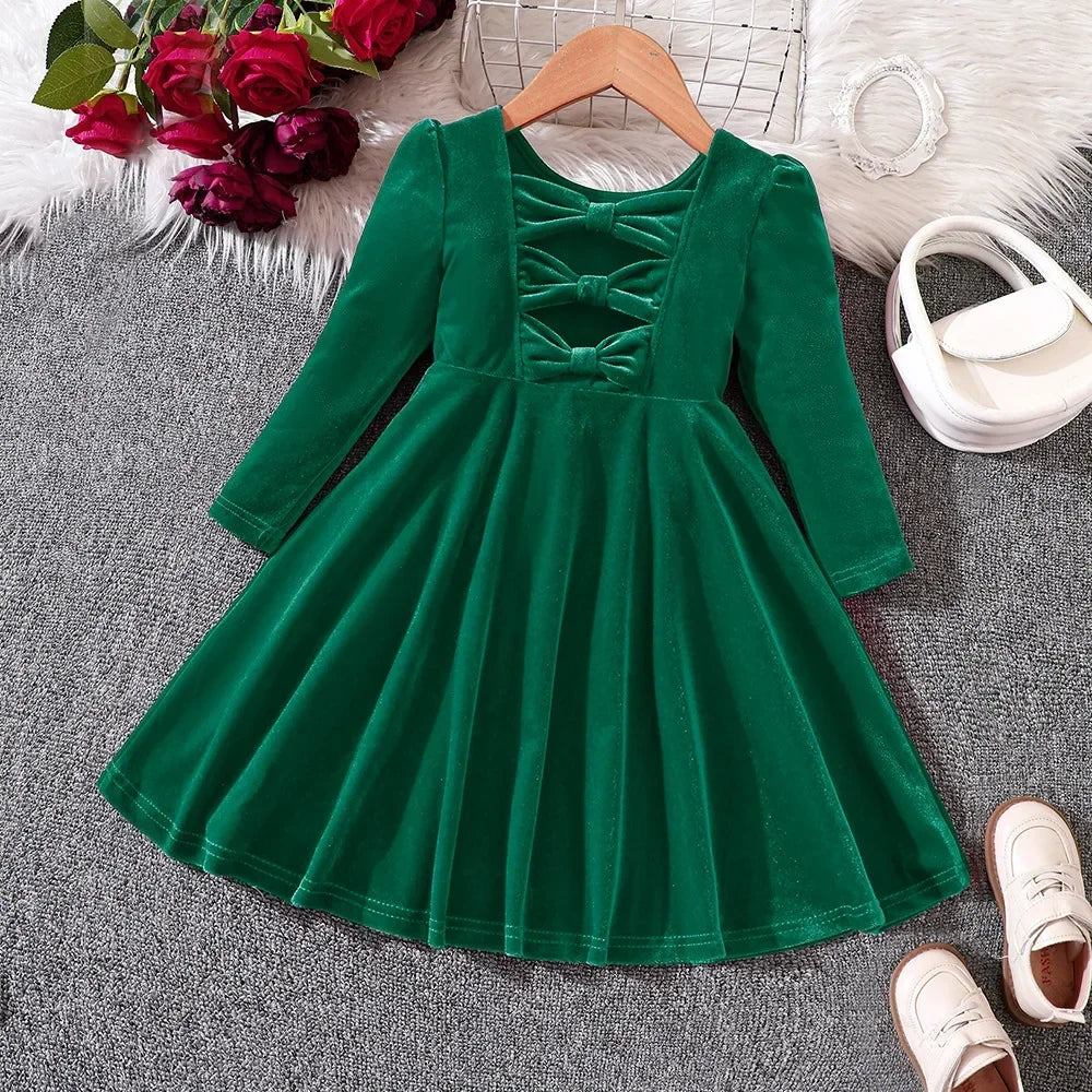 Prowow Children's Party Dresses Girls Clothing Long Sleeve Bow Hollow Out Pink Velvet Dress For Girls Kids Fall Winter Clothes