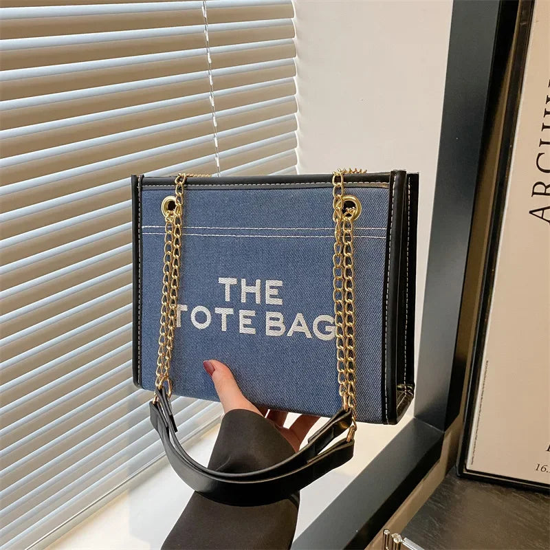 New Denim Patchwork Commuter Bag for Women, Large Capacity Embroidered Lettering Chain Underarm Crossbody Bag